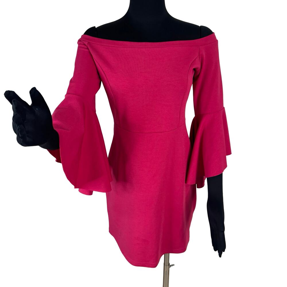 She+Sky Raspberry Pink Off Shoulder Bell Sleeve Dress L Bodycon Mini Date Night